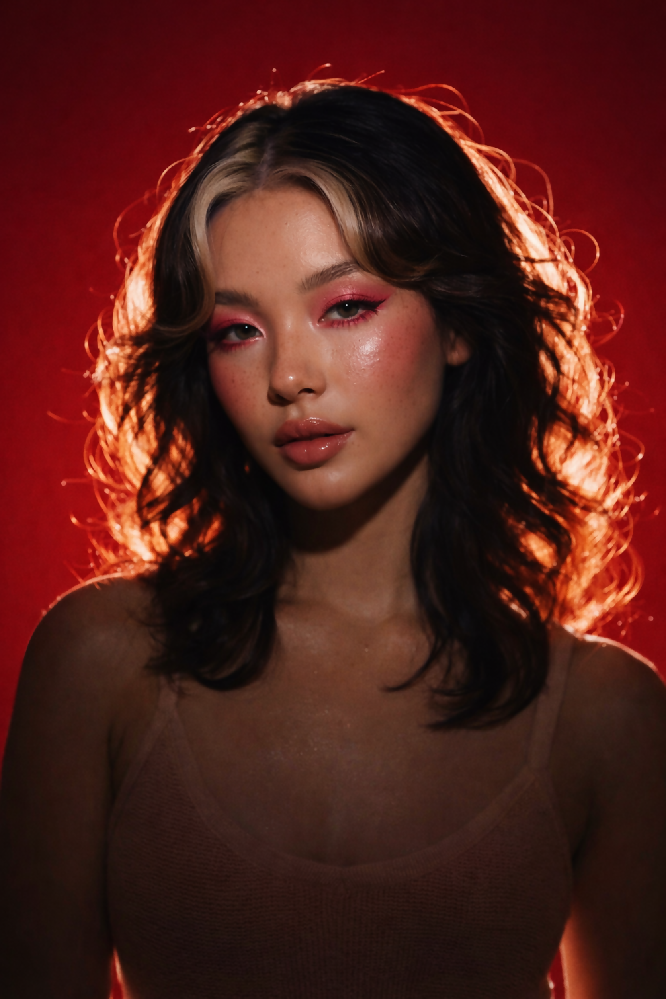 A cinematic studio portrait of a young Asian woman